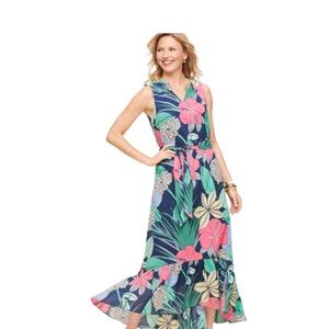 TALBOTS Dress Voile Hibiscus Maxi Floral
Printed Sleeveless Belted Ruffle 22 W